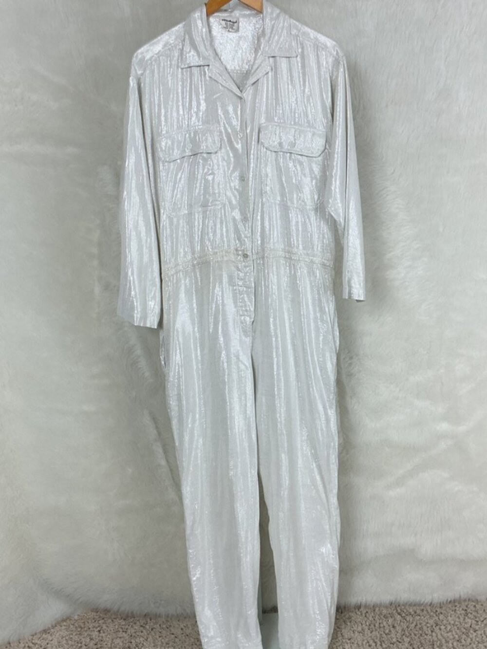Vintage 70s 80s Mahudi Silver Metallic Lurex Overalls Jumpsuit Disco S